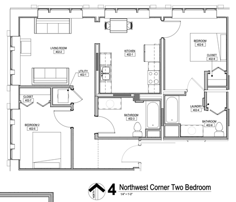 Floor plan for 2 beds, 2 baths, 841 sqft